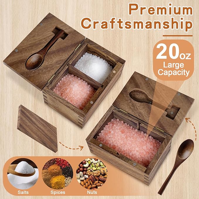 Large Capacity Acacia Wood Salt Container with Magnetic Flip Lid & Built-in Spoon, 20 OZ Kitchen Salt Holder, Elegant Salt Cellar Box to Storage Pepper, Herbs, Spice or Favorite Seasonings