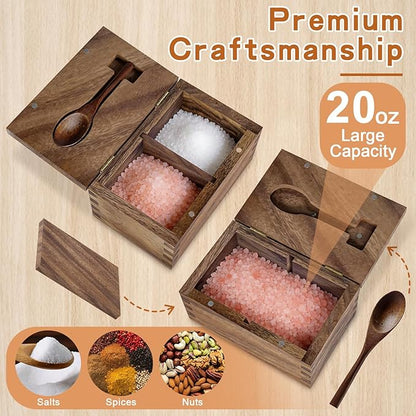 Large Capacity Acacia Wood Salt Container with Magnetic Flip Lid & Built-in Spoon, 20 OZ Kitchen Salt Holder, Elegant Salt Cellar Box to Storage Pepper, Herbs, Spice or Favorite Seasonings