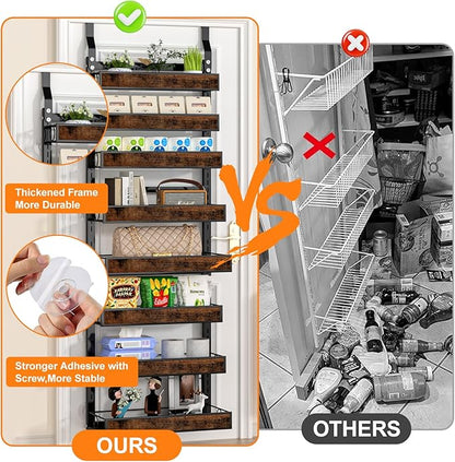 8 Tier Over The Door Pantry Orangizer 2 IN 1 Wall Mounted or Hanging Spice Rack with Adjustable Wood Basket,Heavy Duty Seasoning Storage Shelf for Kitchen Pantry and Bathroom