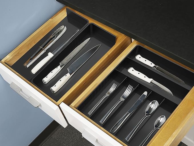 Simple Houseware Expandable Kitchen Drawer Flatware Organizer, Black – Adjustable Cutlery Tray with 9 Compartments for Utensils and Silverware