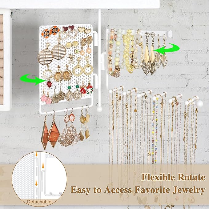 SOLIMINTR Hanging Jewelry Organizer Wall Mount with Rustic Wood Shelf, Ring Display Box, Ear Studs Earring Holder, Rotating Necklace Holder Organizer White