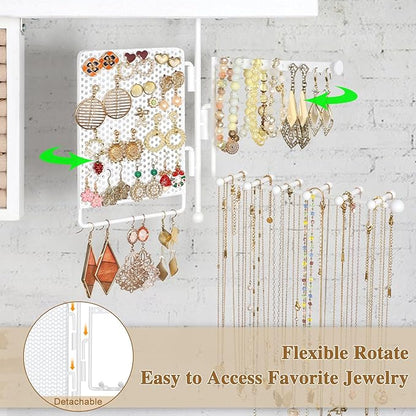 SOLIMINTR Hanging Jewelry Organizer Wall Mount with Rustic Wood Shelf, Ring Display Box, Ear Studs Earring Holder, Rotating Necklace Holder Organizer White