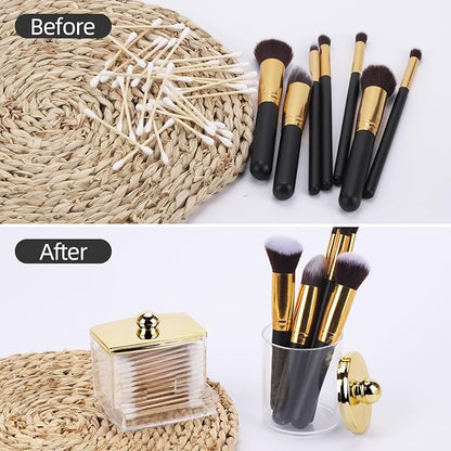 Tbestmax 2 Pack Qtips Dispenser - Bathroom Organizers and Storage Containers, Plastic Apothecary Jars with Gold Lids for Cotton Ball Swab Round Pads, Floss