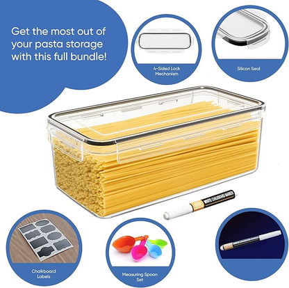 Chef's Path Airtight Food Storage Containers with Lids (Set of 4/3.6 Liters Each), Plastic Spaghetti Container for Pasta & Dry Food Storage, BPA Free Pantry Organizer Set with Kitchen Accessories