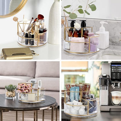 Hipiwe 360 Rotating Makeup Organizer 3-Slot Gold Glass Spinning Cosmetic Display Case Round Vanity Storage Holder Dresser Bathroom Organizer for Prefume Makeup Bushes Lipsticks