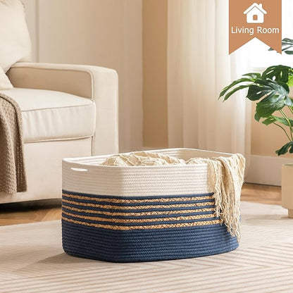 UBBCARE Blanket Basket, Large Rectangle Woven Storage Basket With Handles, Cotton Rope Toy Basket for Living Room, Nursery Baskets for Organizing, 22''L×17''W×12''H, Navy Blue