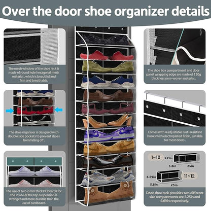 PAULONE 12 Pocket Over the Door Shoe Organizer,Reusable Breathable Large Mesh Bag Men's & Women's Sneaker Organizer,Shoe Organizer for Kids,Hanging Shoe Storage Hanging Bag (Black)
