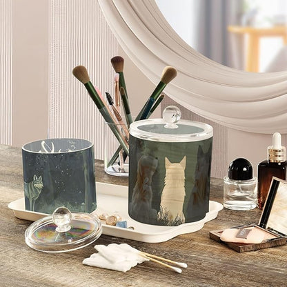 2 Pack Qtip Dispenser Apothecary Jars with Lids Cotton Round Holder Bathroom Canisters for Cotton Swab Floss Ball Pads Clear Plastic Decorative Green Wolves Mountain Forest