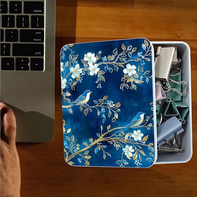 Exquisite Metal Tin Box Sturdy Metal Storage Box with Lid, Blue Birds Flowers Large Container Holder for TCG Cards, Car Keys, Cookies, Tin Containers for Gift, 5.0x3.7x1.6 Inch