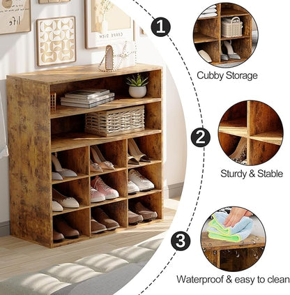 Aenuert 9-Cubby Shoe Rack with 2 Storage Shelf, 3-Tier Wood Shoe Organizer, Multifunctional Shoe Organizer Bench for Entryway, Mudroom, Hallway, Closet, Brown