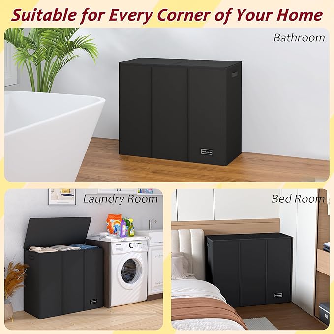 195L Laundry Hamper 3 Section,Large Laundry Hamper with Lid,Dirty Clothes Hamper with 3 Inner Bags,Collapsible Laundry Basket Organizer for Laundry Room,Bedroom,Laundry Sorter Hamper 3 Compartment