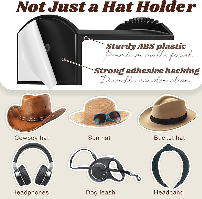 2.9Inch Hat Hooks for Wall - (8 Pack) Cowboy Hat Rack,SuitableSun Hats, Fedora, Wide Brim Hats Strong Hold Hat Hangers for Wall，Western Room Decor- (Black)