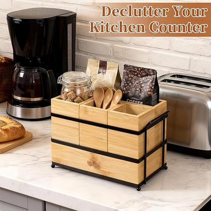 Silverware Caddy with Drawer and 4 Removable Compartments for Spoons, Forks, Plates Napkins, Flatware Organizer with Drain Holes, Bamboo Utensil Holder for Kitchen Counter, Party (Yellow)