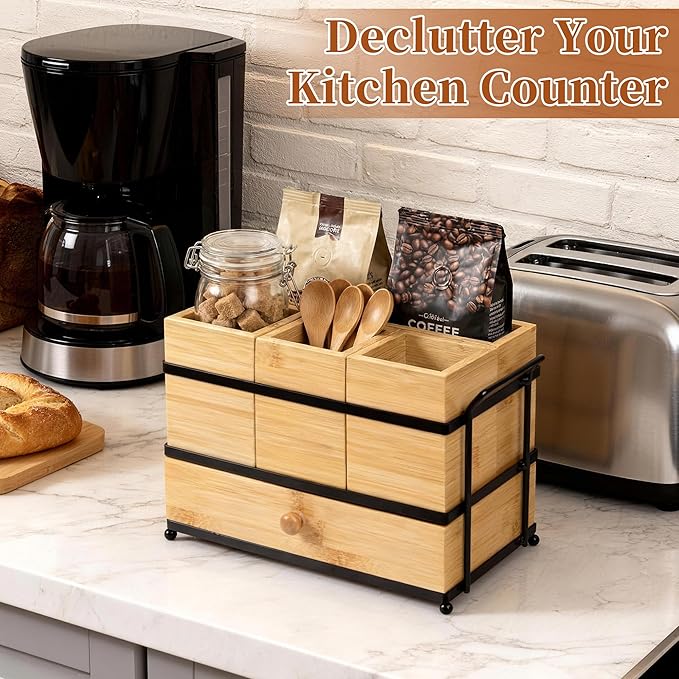Silverware Caddy with Drawer and 4 Removable Compartments for Spoons, Forks, Plates Napkins, Flatware Organizer with Drain Holes, Bamboo Utensil Holder for Kitchen Counter, Party