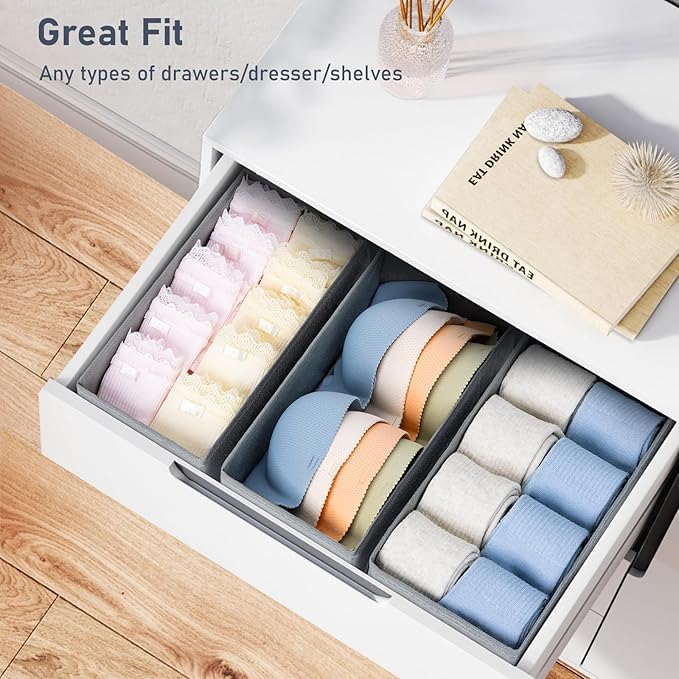 DIMJ Drawer Organizer Clothes - Small Dresser Organizer Underwear Drawer Organizer for Baby Clothes, Socks, Underwear, Bra, Belt, Tie - Grey