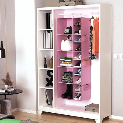 Closet Organizers and Storage Shelves, 15 Sections Hanging Shoe Closet Storage Organizer, Space-Saving Shoe Rack Holder Hanger, Pink