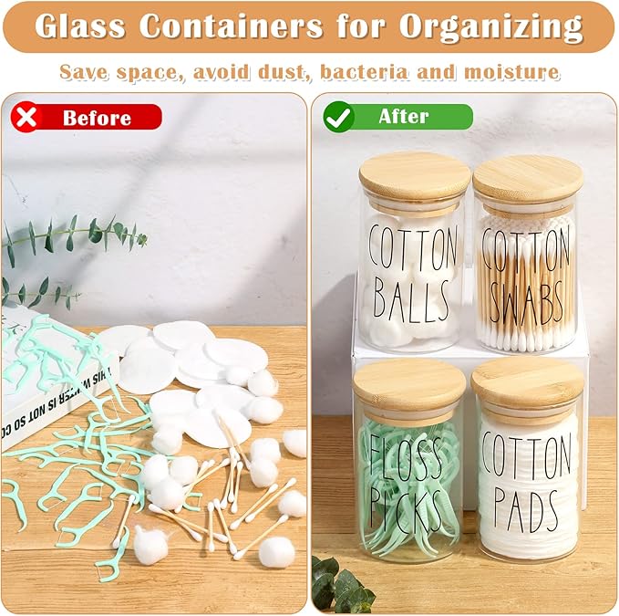 ROADPLUM Qtip Holder Bathroom Set, 4 Pack 10 oz Glass Bathroom Jars with Lid, Glass Organizers/Canisters/Apothecary Jars for Q-tip, Cotton Ball, Floss Pick and Makeup Storage