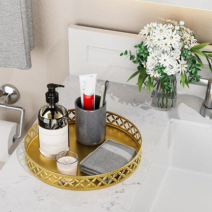EKNITEY Bathroom Counter Vanity Tray - Perfume Makeup for Dresser Tops Gold Round Serving Candle Decorative Storage Home Decor 11'' Floral-gold