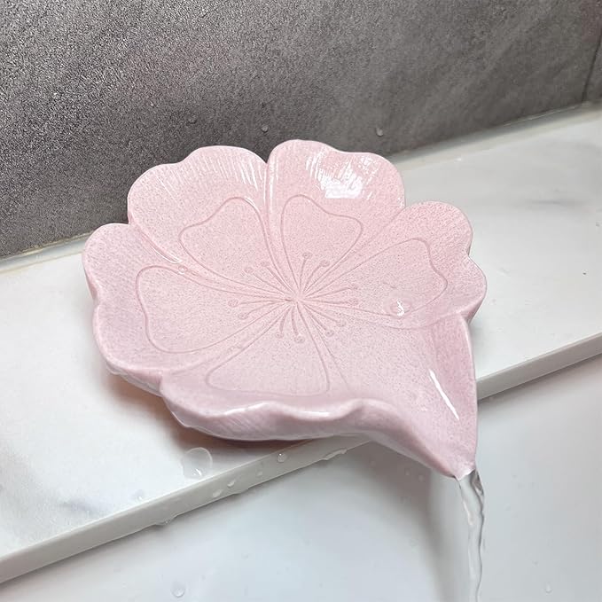 Soap Dish Soap Holder Self-Draining Soap Dish, Resin Bar Soap Holder, Oriental Cherry Flower Shape Soap Tray Soap Saver for Bathroom,Kitchen,Sink,Bathtub,Easy Cleaning and Keep Dry