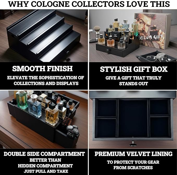 Wooden Cologne Organizer for Men 4 Tier | Black Perfume Holder Shelf for Dresser | High Grade Velvet Lining and Stylish Gift Box | Uncluttered Design Perfume Display Stand