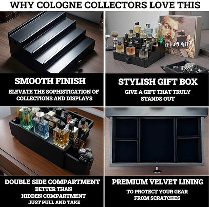Wooden Cologne Organizer for Men 4 Tier | Black Perfume Holder Shelf for Dresser | High Grade Velvet Lining and Stylish Gift Box | Uncluttered Design Perfume Display Stand