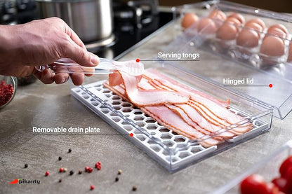 Pikanty Bacon Container for Refrigerator with Tongs & Drain Tray — Airtight Deli Meat Keeper, Cheese & Cold Cuts Storage, Dishwasher & Freezer Safe, Made in USA
