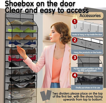 Kotkn Over The Door Shoe Organizer with 12 Large Breathable Pockets - Durable Hanging Storage for the Entire Family's Shoes (Gray)