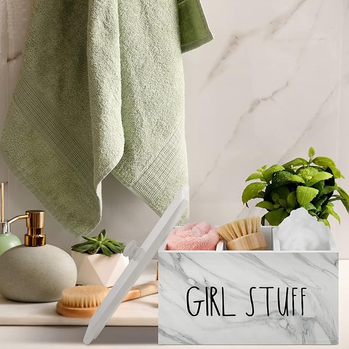 Tampon Holder for Bathroom with Movable Dividers Shark Tampon Storage Container Week with Lid Farmhouse Pad Container Box Feminine Product Organizer Girl Stuff Box for Bathroom(Marble Style)