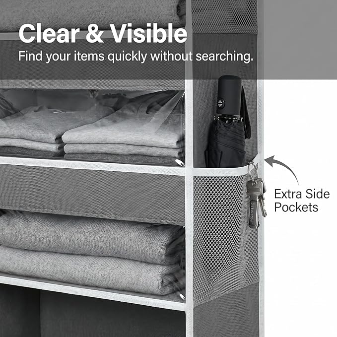 Over the Door Organizer, 5 Large Pockets Hanging Storage with Clear Windows, 10 Mesh Side Pockets, Holds Up to 44 lbs, Behind Door Organizer for Toys, Clothes, Nursery, Closet, Dorm, Gray