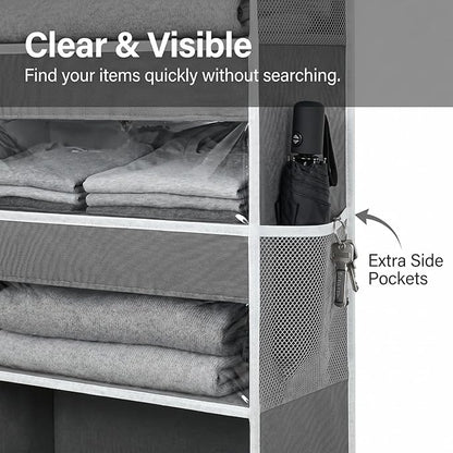 Over the Door Organizer, 5 Large Pockets Hanging Storage with Clear Windows, 10 Mesh Side Pockets, Holds Up to 44 lbs, Behind Door Organizer for Toys, Clothes, Nursery, Closet, Dorm, Gray