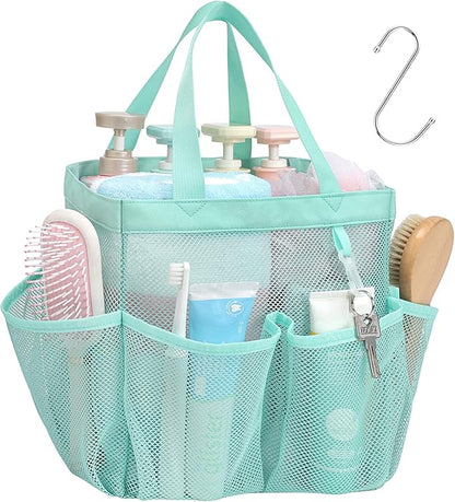 F-color Mesh Shower Caddy Portable, Upgrade Deeper 7 Pockets Shower Bag Basket Tote for College Dorm Room Toiletry Bathroom Essentials Gym Camp Quick Dry 2 handles with S Hook, Sage Green