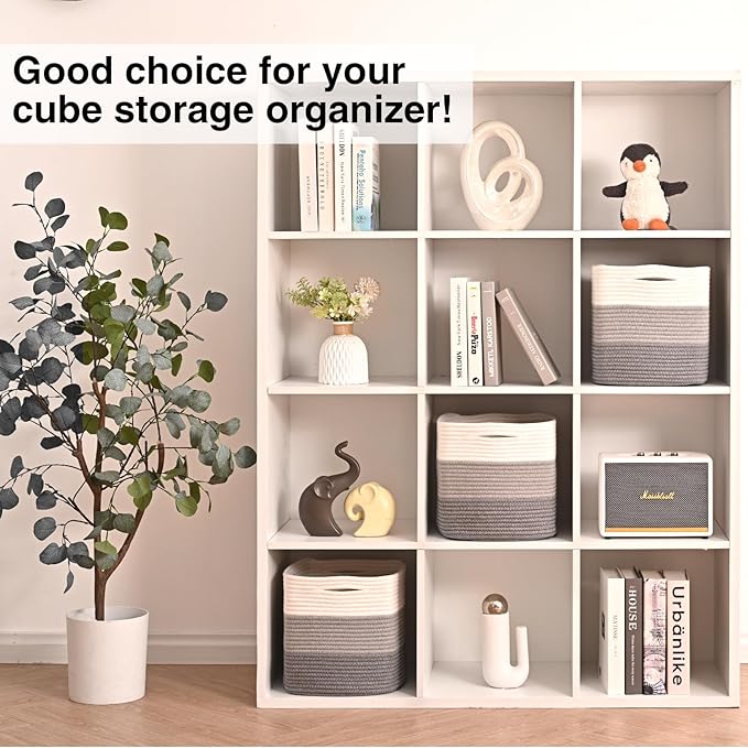 11 Inch Cube Storage Bins, 11x11 Cube Storage Bins for Cube Organizer, Square Cloth Storage Cubes, Woven Storage Baskets for Shelves, Toy Rope Baskets Storage Kids, Gradient Grey (Pack of 3)
