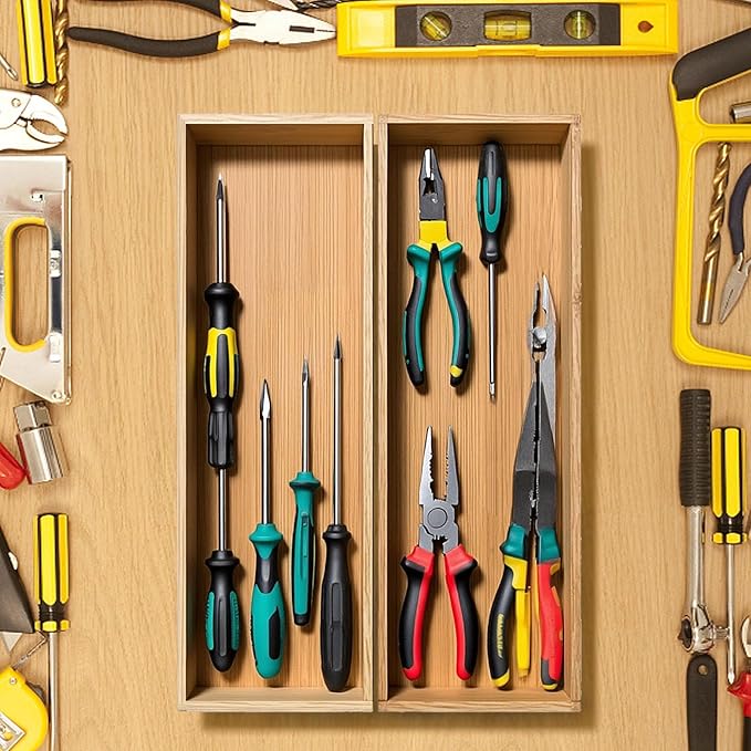 guiogc Bamboo Drawer Silverware Organizer, Silverware Tray, Flatware Organizer, Bamboo Storage Box Suitable for Office, Bathroom and other objects storage (14.2"x5"x2"-Set of 2)