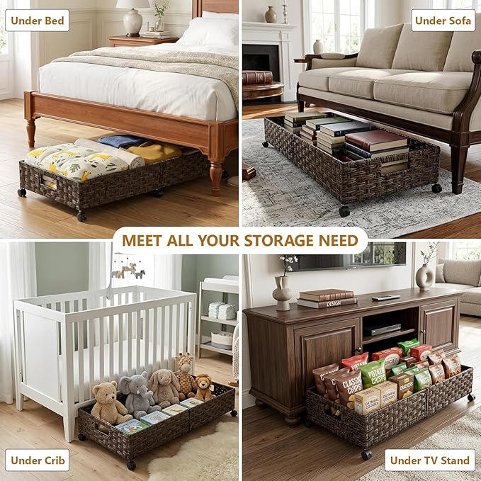 2 Pack Under Bed Storage with Wheels, 40L Large Under Bed Storage Containers with Handwoven Rattan , Rolling Underbed Organizer Bins Drawers for Clothes, Shoes, Blankets, Brown(31.5 x 15.75 x 6.3 In)