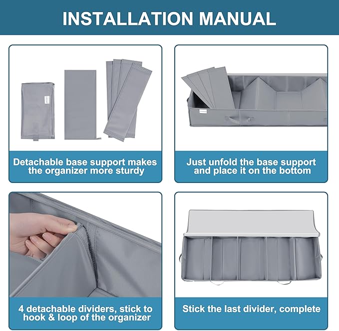 Under Bed Storage Containers, 2 Pack Under the Bed Bags, Clear Underbed Storage Bins with Sturdy | Adjustable Dividers | Sidewalls | Bottom, Closet Organizer for Clothes Sheet Blankets, 47.5x16x6in