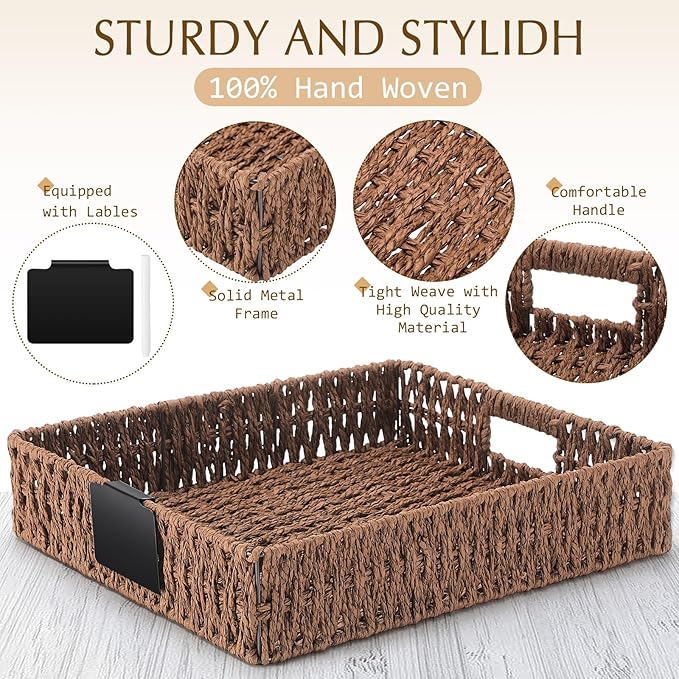 Marsui 9 Pcs Paper Rope Storage Baskets with Handle Labels Handwoven Multi-size Brown Storage Bins for Organizing Small Baskets Container for Shelves Closet Pantry Toilet