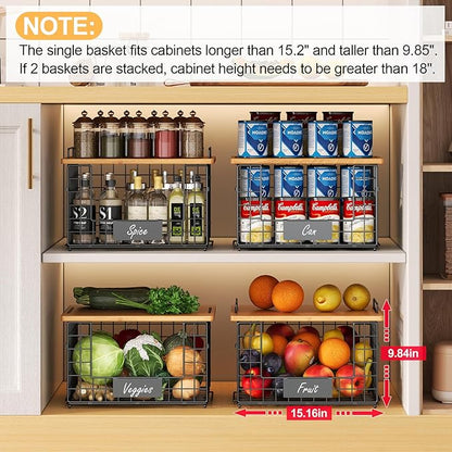 2 Pack Stackable Wire Baskets with Bamboo Top for Pantry Organizers and Storage, XXL Kitchen Organization Counter Basket for Fruit, Vegetable, Produce, Bread, Potato and Onion Storage Bins