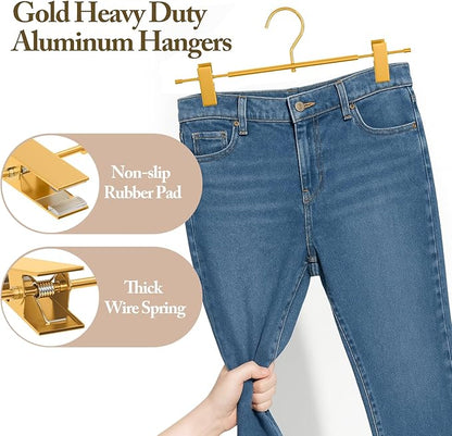 Matte Gold Aluminum Pants Hangers 20 Pack, Lightweight Skirt Hangers with 360°Swivel Hooks and Non-Slip Adjustable Clips for Trousers, Skirts, Jeans, Kids & Adults, Durable, Space-Saving
