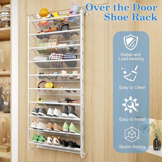 AQQHSAIN 10 Tier Over The Door Shoe Organizer Wall Shoe Shelf Shoe Holder Door Shoe Rack for Closet Pantry Hanging Shoes Clothes Toys Storage Shelves (White)