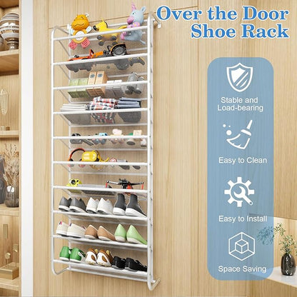 AQQHSAIN 10 Tier Over The Door Shoe Organizer Wall Shoe Shelf Shoe Holder Door Shoe Rack for Closet Pantry Hanging Shoes Clothes Toys Storage Shelves (White)