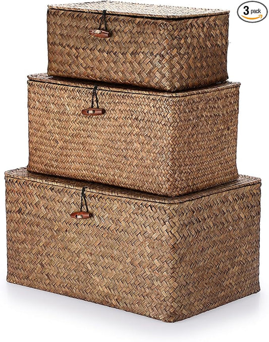 Hipiwe Set of 3 Natural Seagrass Storage Baskets with Lid - Large Handwoven Wicker Storage Bins Rectangular Household Organizer Boxes Shelf Wardrobe Organizer, Coffee