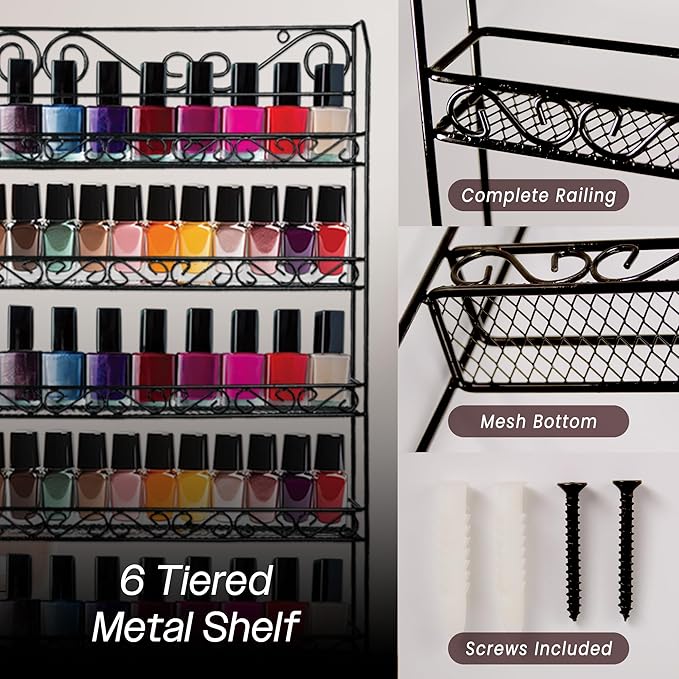 PANA 6 Tier Wall Mounted Metal Rack Shelf, Versatile Organizer for Nail Polish, Essential Oils, Kitchen Spices, and Craft Hobby Items, Sturdy Storage with Decorative Design (Silver, 1pc)