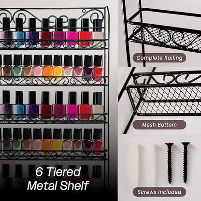 PANA 6 Tier Wall Mounted Metal Rack Shelf, Versatile Organizer for Nail Polish, Essential Oils, Kitchen Spices, and Craft Hobby Items, Sturdy Storage with Decorative Design (Black, 1pc)