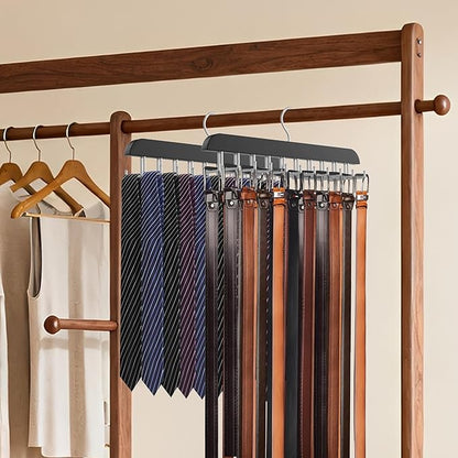 Tie Rack Hanger for Closet, 2 in 1 Belt Tie Hangers with 20 Folding Hooks, 360 Degree Rotating Wooden Tie Holder Organizer for Men Ties Belts Scarves Tank Tops Accessories, Black (1 Pack)