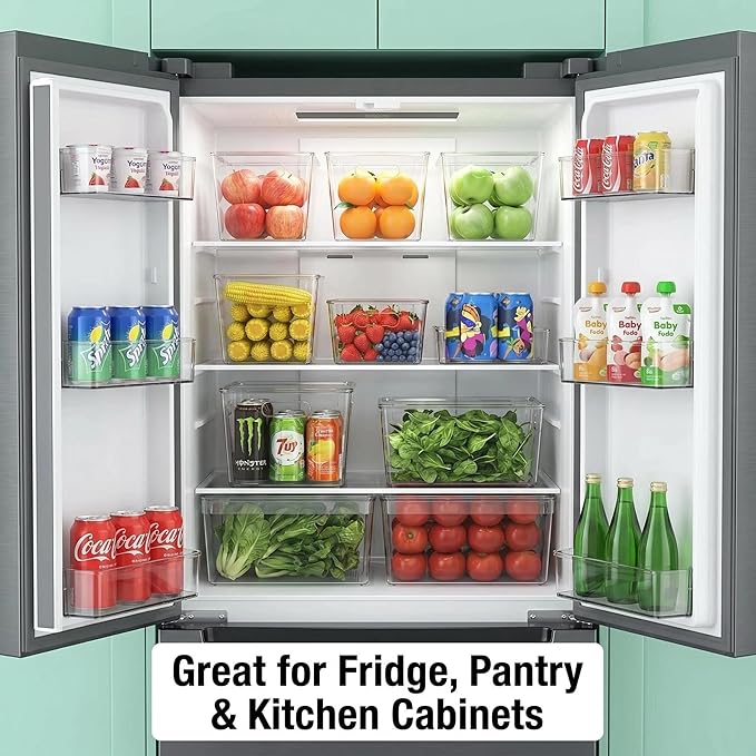 YAN & HIN 4 Pack Clear Storage Bins with Lids, Stackable Plastic Organizer Bins with Handles, Pantry Organizers and Storage for Kitchen Cabinet, Fridge, Bathroom, Closet and Shelf Organization