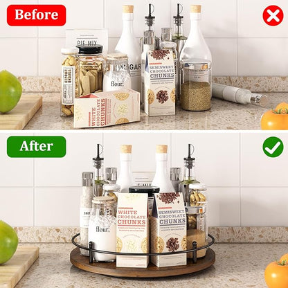 12" Lazy Susan Turntable Organizer,Round Wooden Lazy Susan Organization and Rotating Spice Rack for Dining Table,Pantry,Kitchen Countertop,Vanity,Cupboard and More.Vintage Wood(Round)