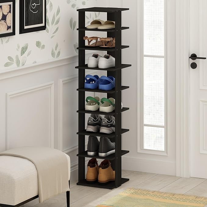 Furinno Compact Vertical Shoe Rack, 9-Tier Narrow Shoe Organizer, Free Standing Shoe Storage, Shoe Shelf for Boots, Sneakers, 12 x 12.6 x 51, for Closet, Entryway, Office, Garage, Espresso