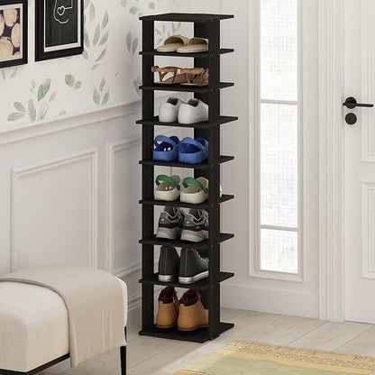 Furinno Compact Vertical Shoe Rack, 9-Tier Narrow Shoe Organizer, Free Standing Shoe Storage, Shoe Shelf for Boots, Sneakers, 12 x 12.6 x 51, for Closet, Entryway, Office, Garage, Espresso