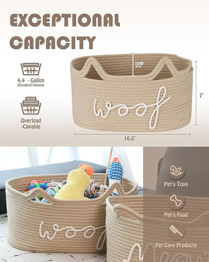Sea Team Dog Toy Basket with Handles, 16.5 x 11 x 7 Inches, 4.4 Gallons Large Cotton Rope Storage Bin, Box, Shelf Organizer for Pet Chew Toys, Foods, Beige Woof