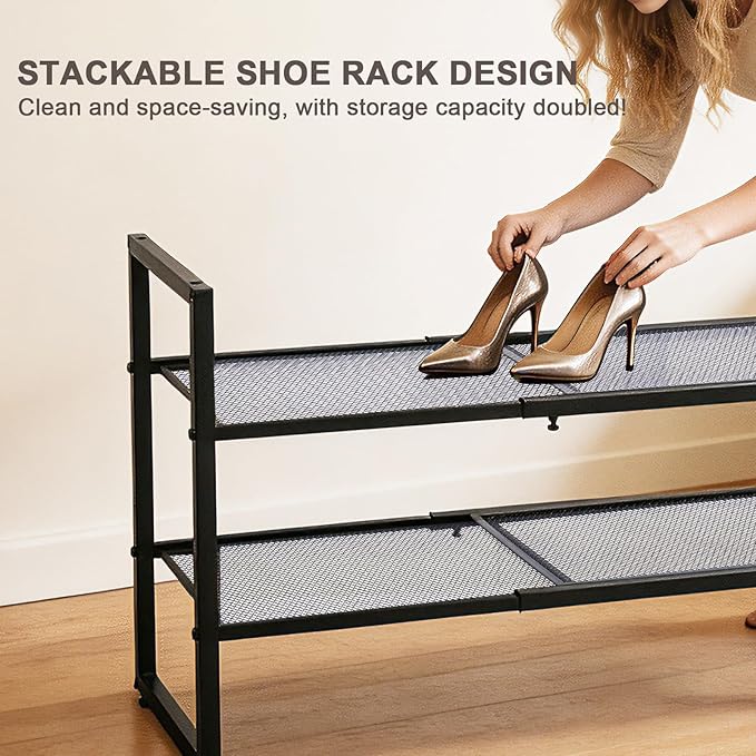 Expandable Shoe Rack,2 Tier Adjustable Metal Shoe Shelf for Closet,Sturdy Free Standing Shoe Storage for Door Entrance,Bedroom,Small Spaces,Black